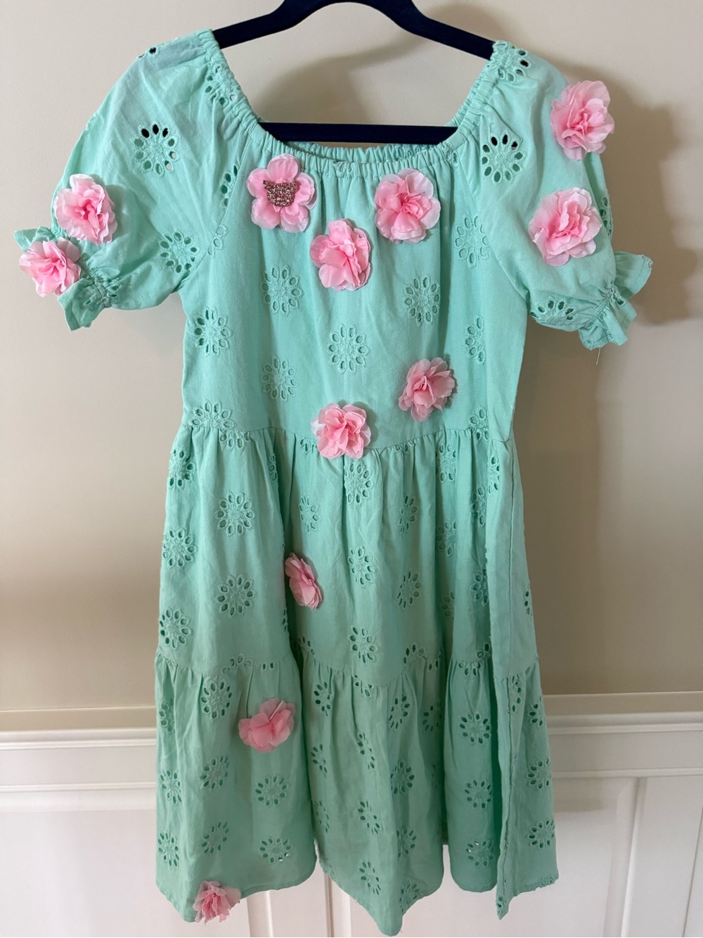 Mint Green Eyelet Dress with Pink Floral Appliqués for Girls